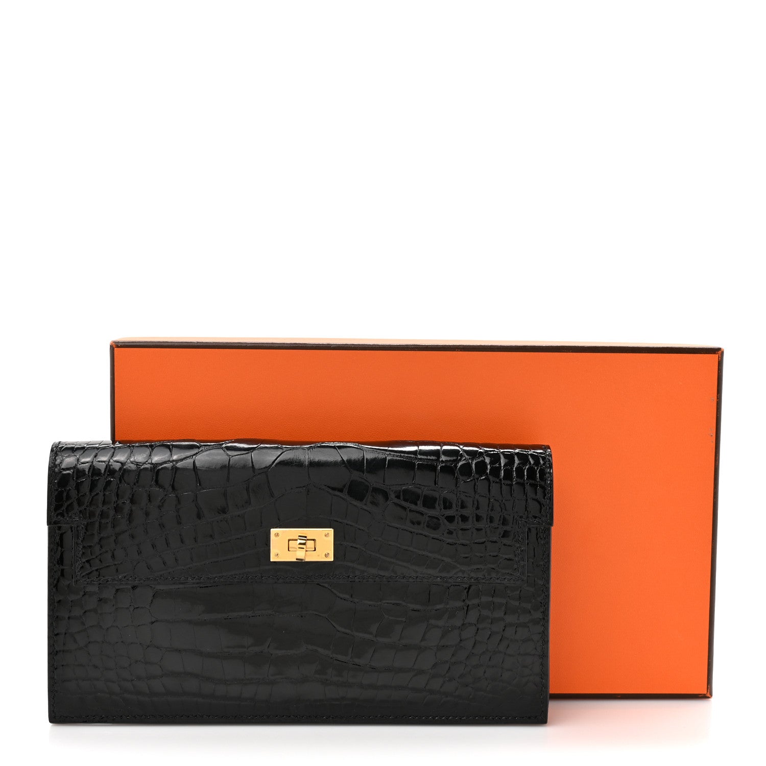 HERMES ブラック レザー 長財布 Hermes Shiny Alligator Kelly Pocket Long Wallet Black 1862831