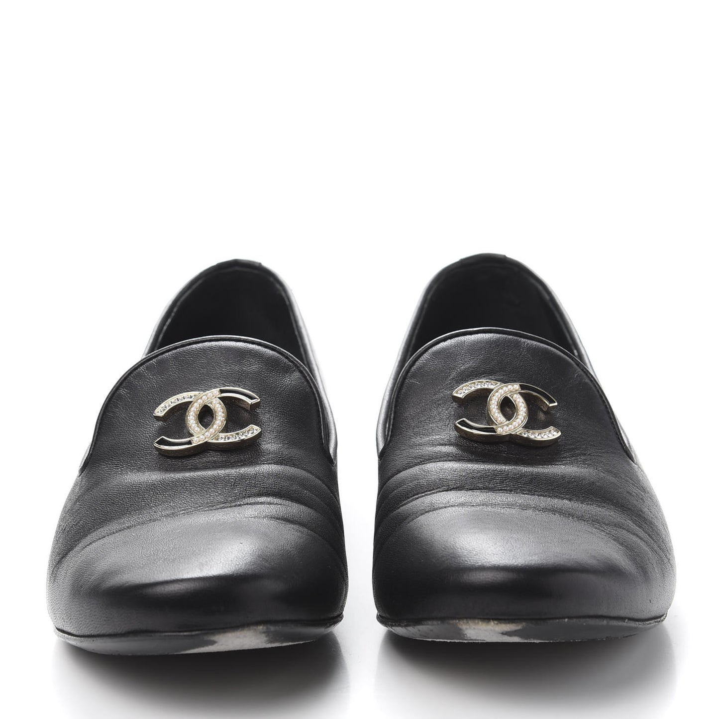 Enamel Pearl Crystal Lambskin Womens CC Mocassin Loafers 36.5 Black