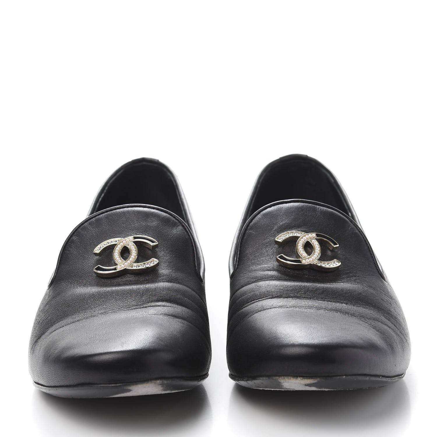 Chanel Enamel Pearl Crystal Lambskin Womens CC Mocassin Loafers 36.5 Black 2 of 10