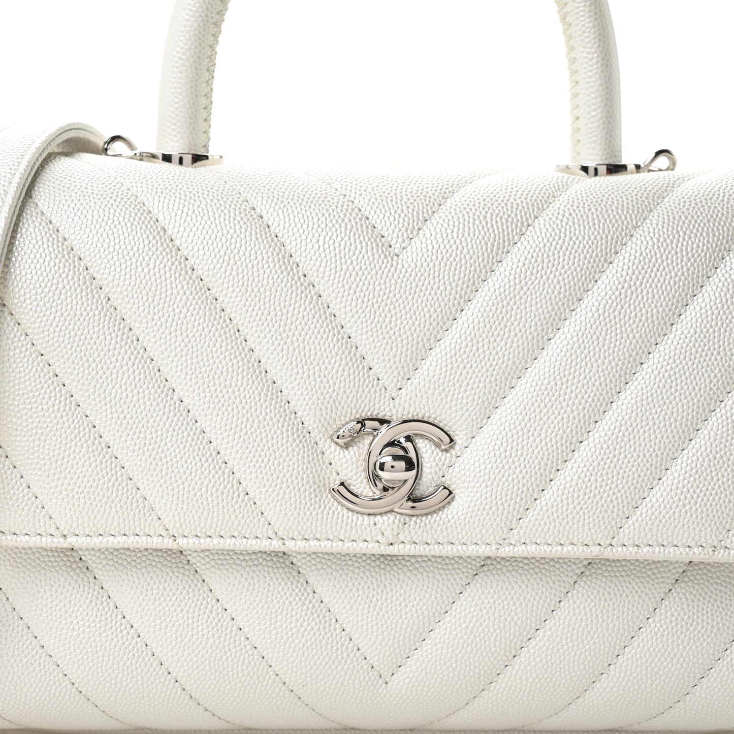 Iridescent Caviar Chevron Quilted Mini Coco Handle Flap White