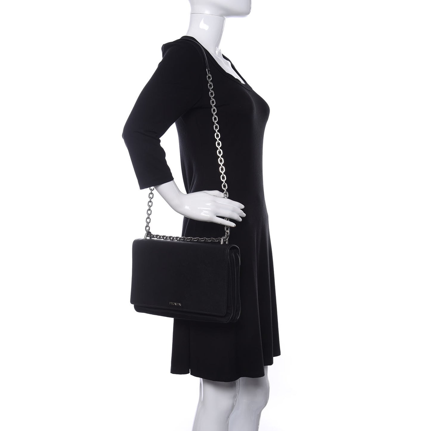 Saffiano Tessuto Nylon Chain Shoulder Bag Black