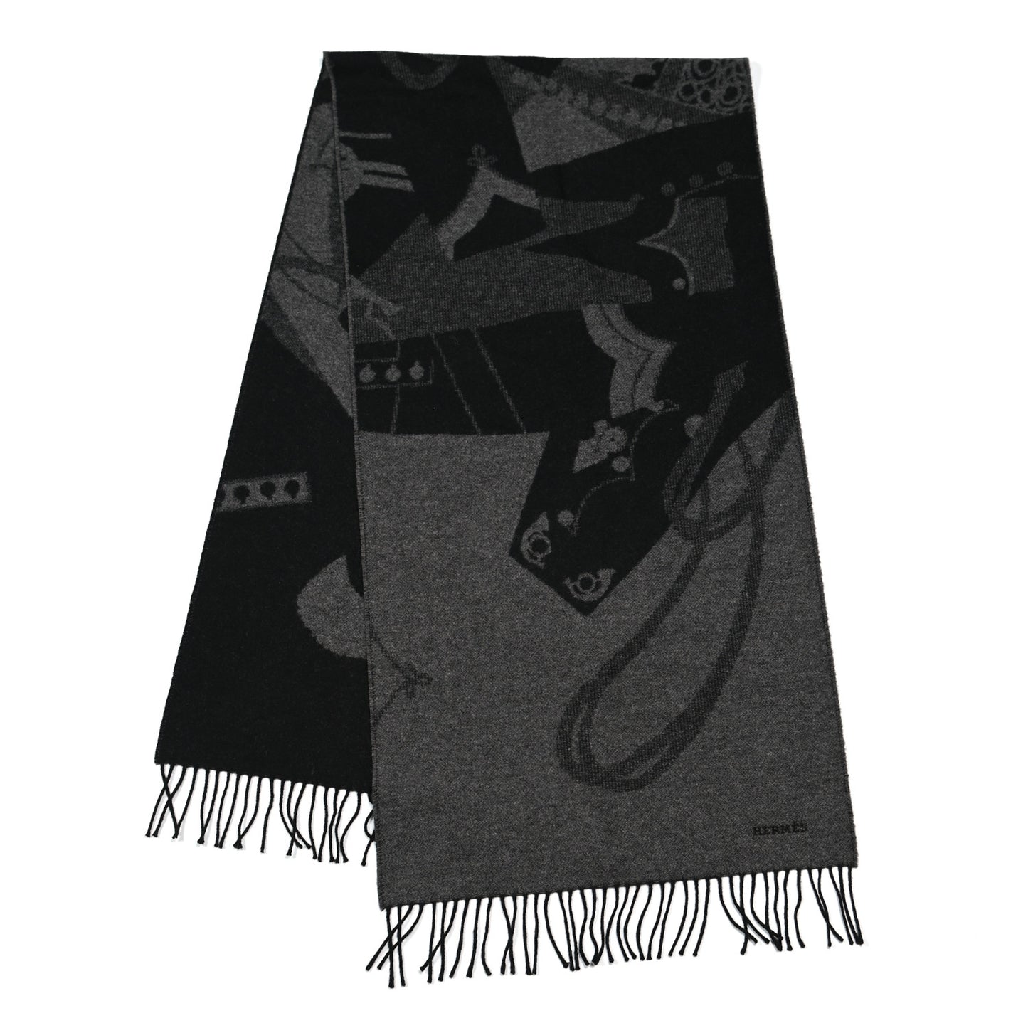 Cashmere Fringe Stole Black Gris Flanelle