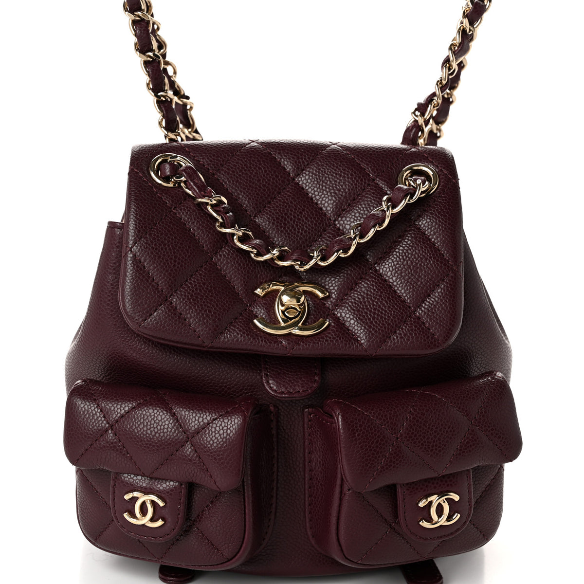 Shiny Caviar Quilted Small Duma Pockets Drawstring Backpack Burgundy