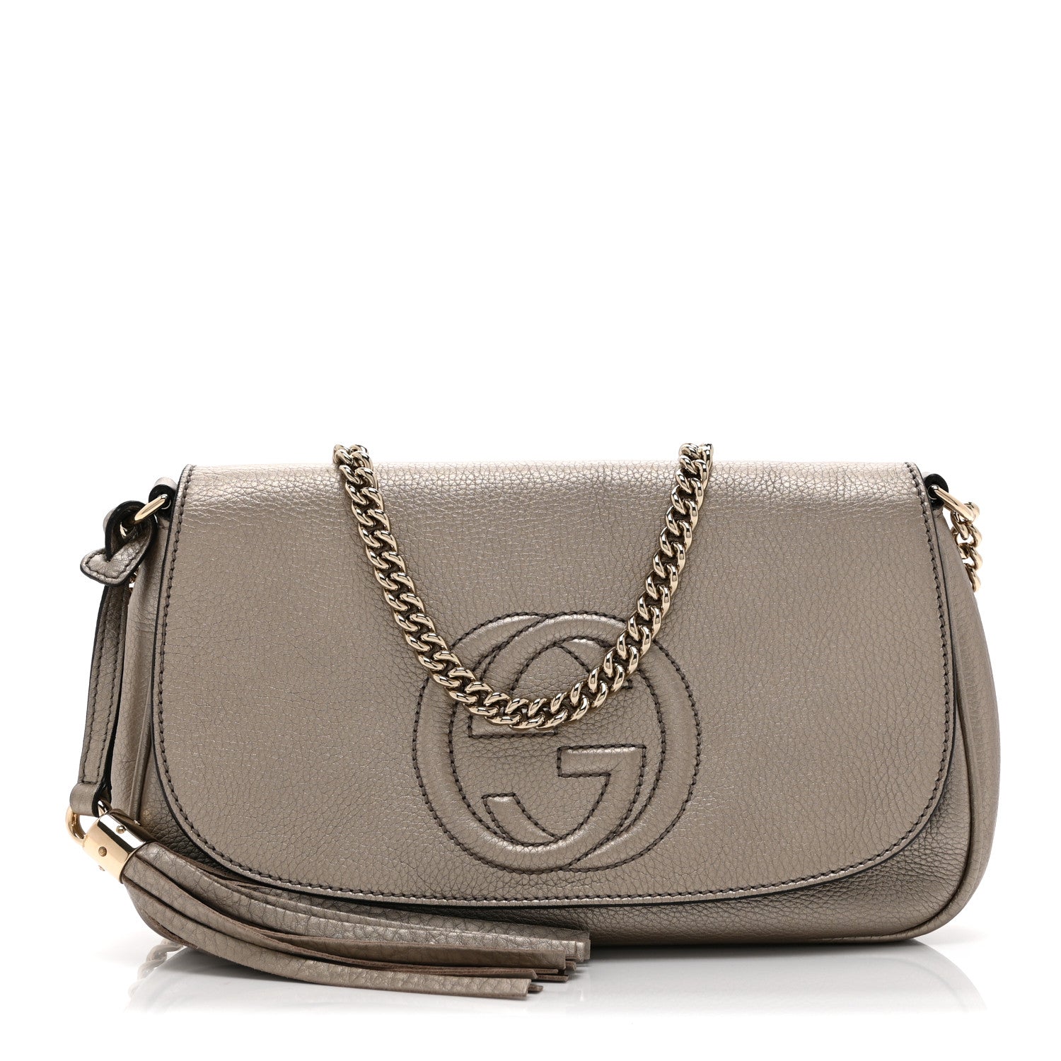 Gucci Metallic Pebbled Calfskin Medium Soho Flap Crossbody Golden Beige 1 of 11