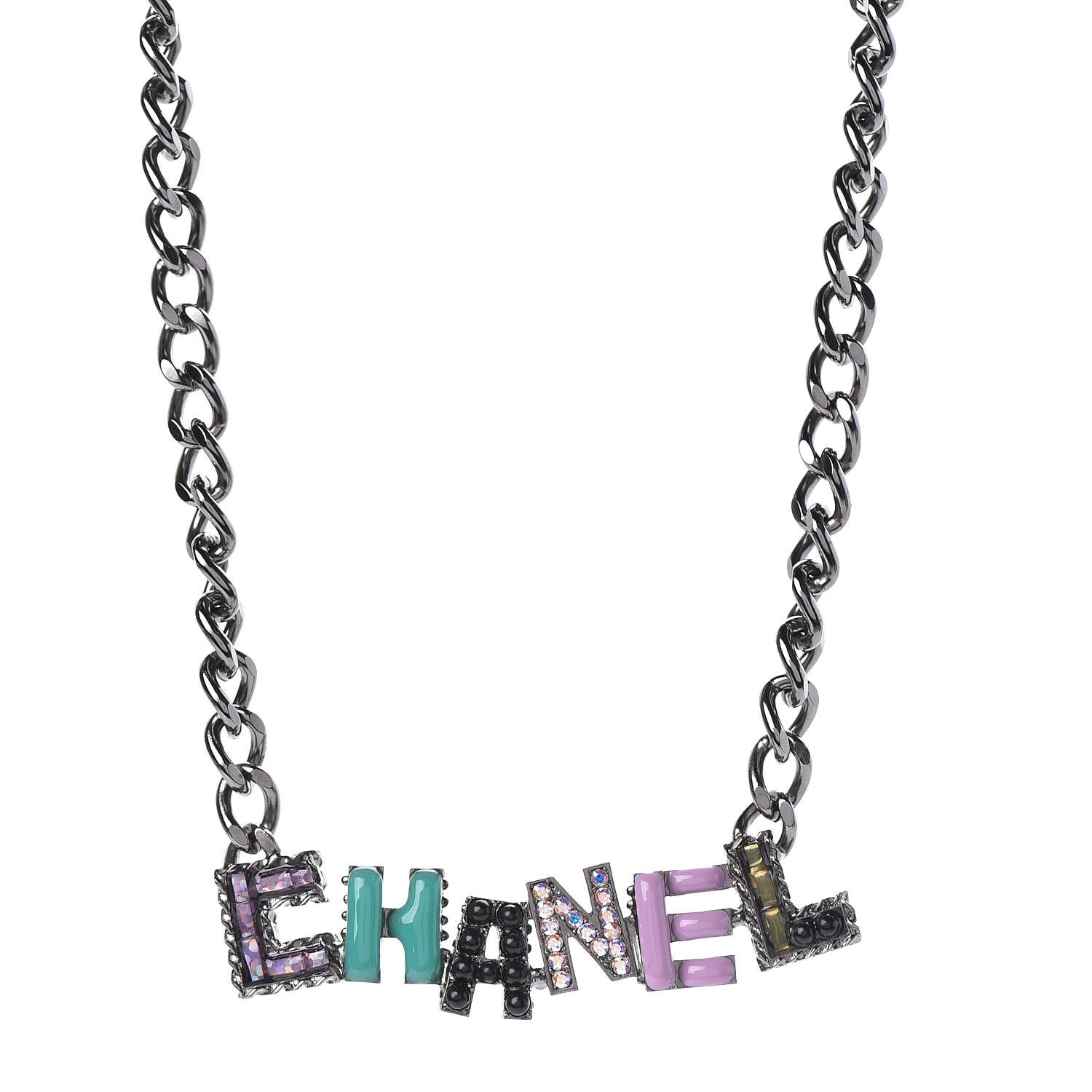 Chanel Metal Strass Enamel CC Chain Link Choker Necklace Dark Silver 1 of 7