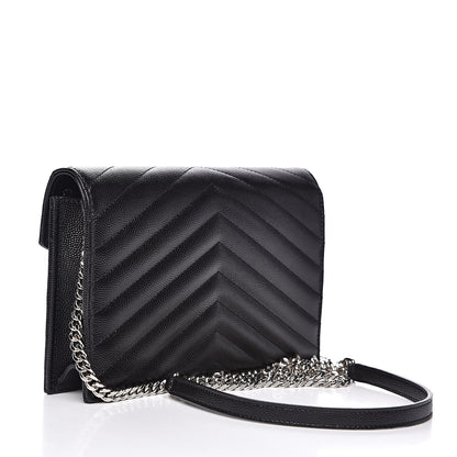 Saint Laurent Grain De Poudre Matelasse Chevron Monogram Envelope Chain Wallet Black 3 of 9