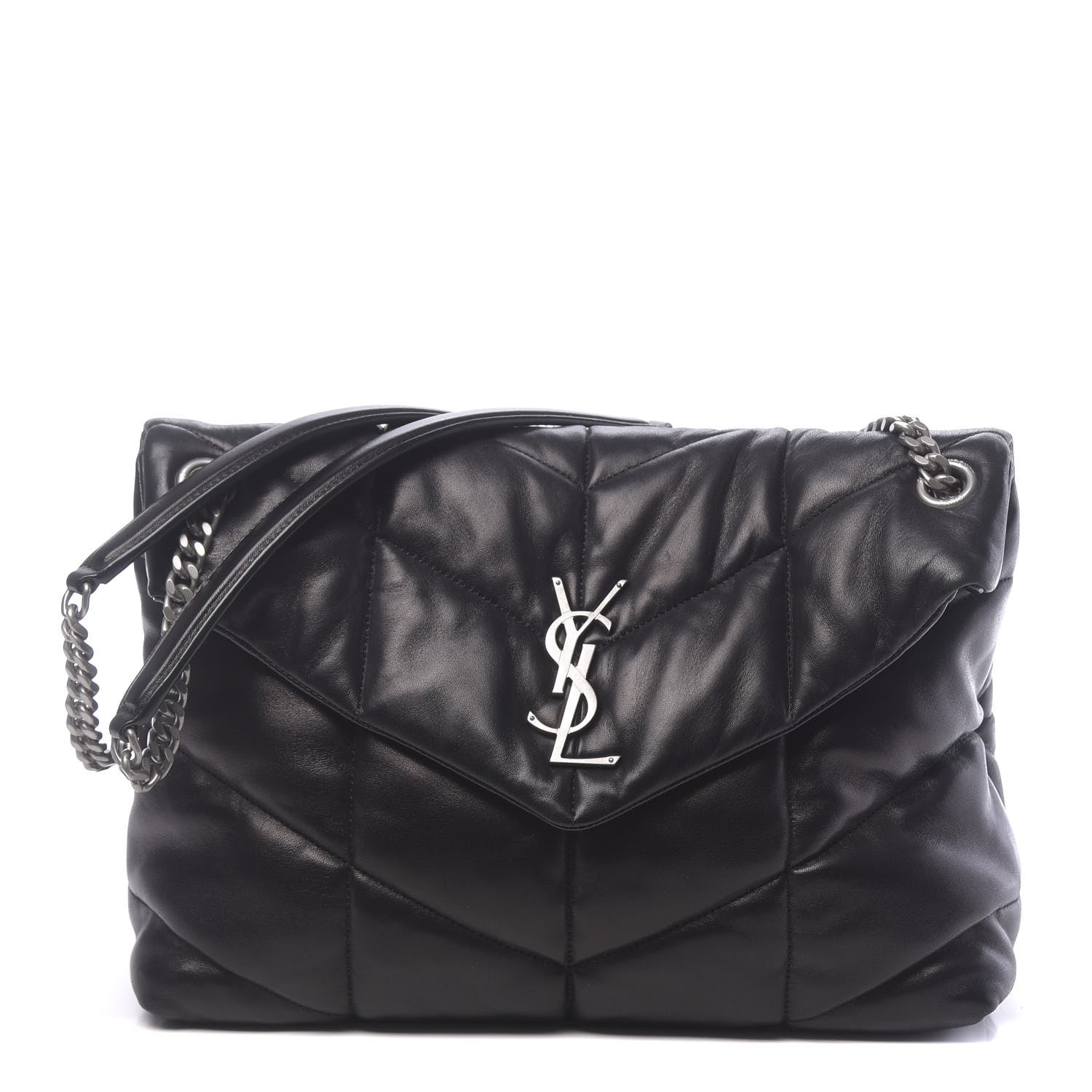 Saint Laurent Lambskin Quilted Medium Loulou Puffer Monogram Chain Satchel Black 1 of 9
