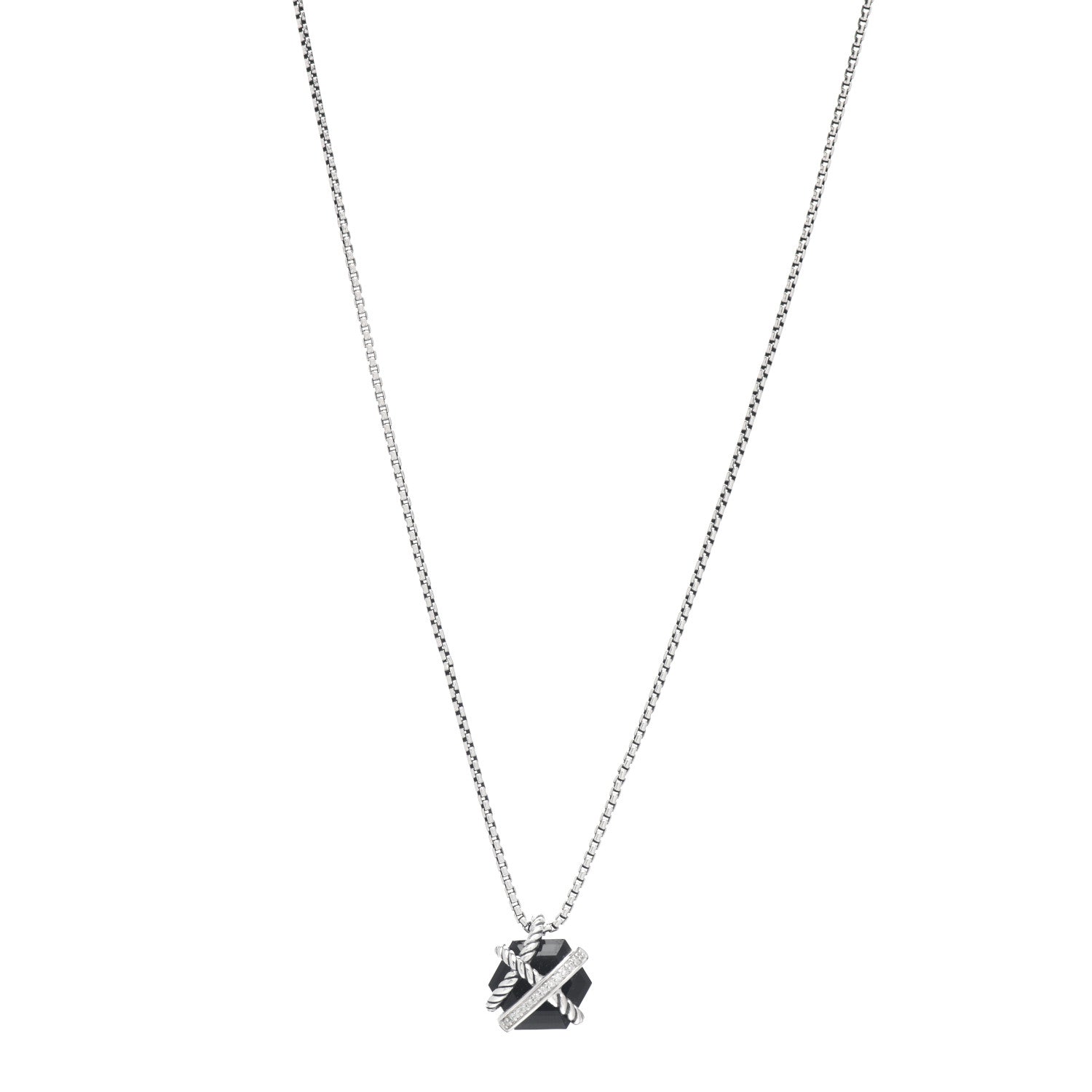 David Yurman Sterling Silver Diamond Black Onyx 10mm Petite Cable Wrap Pendant Necklace 1 of 4