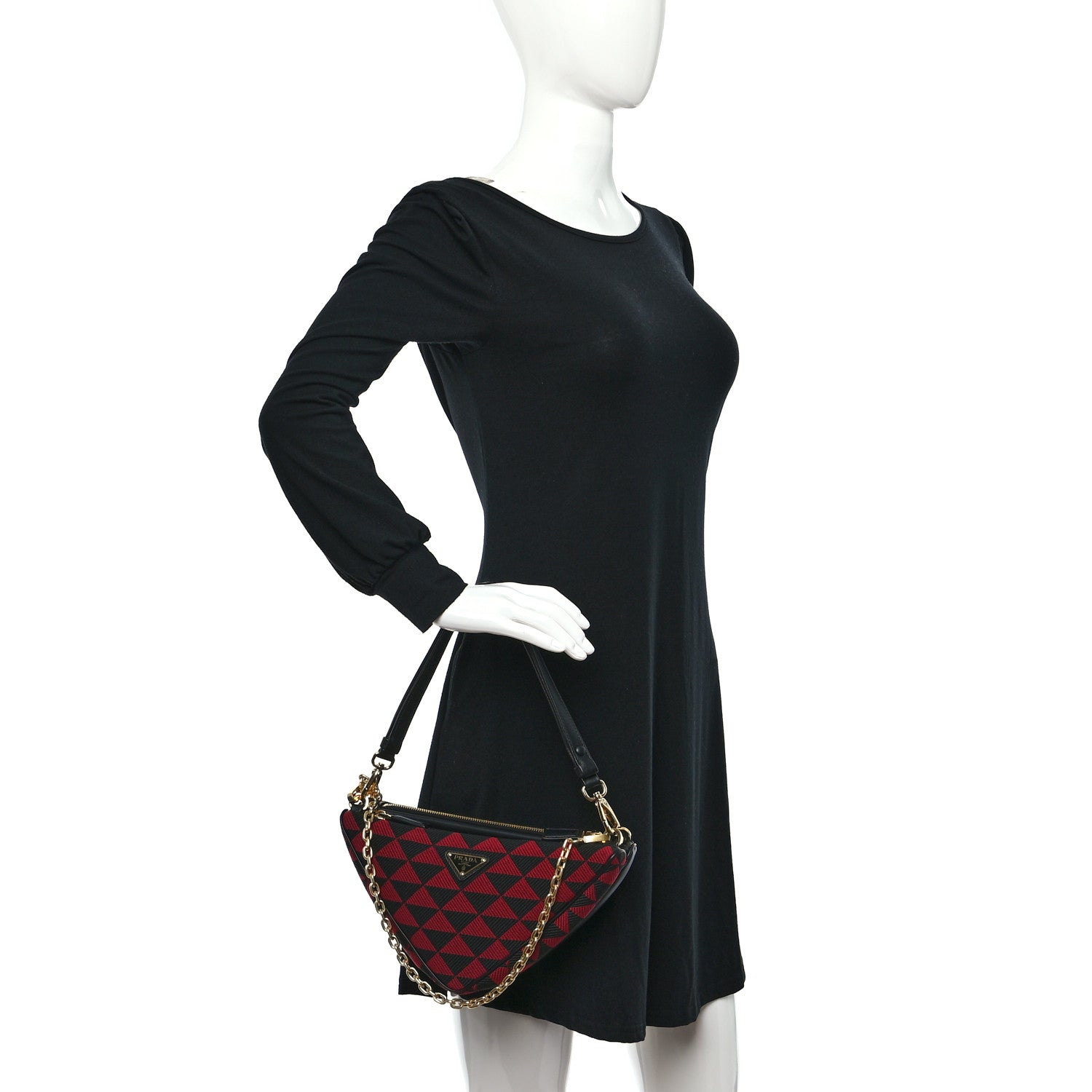 Prada Jacquard Calfskin Triangolo Symbole Embroidered Mini Triangle Double Bag Black Ciliegia 2 of 9