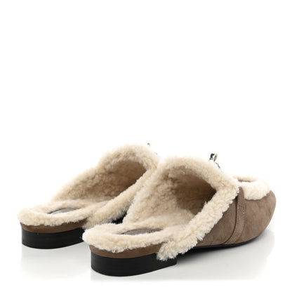 Hermes Suede Goatskin Shearling Womens Oz Mules 39 Etoupe Ecru 5 of 13