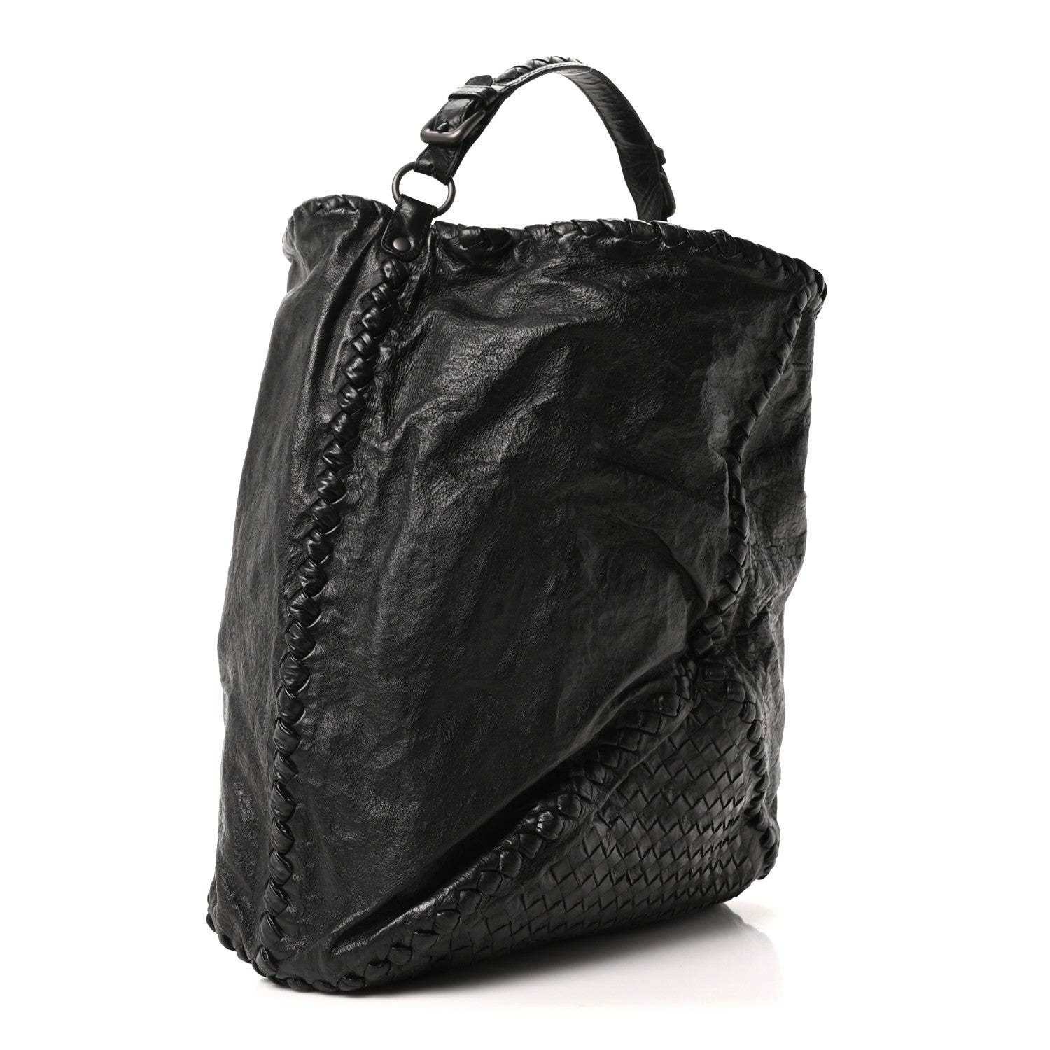 Bottega Veneta ブラックバック Bottega Veneta Grained Lambskin Intrecciato Large Shoulder Bag