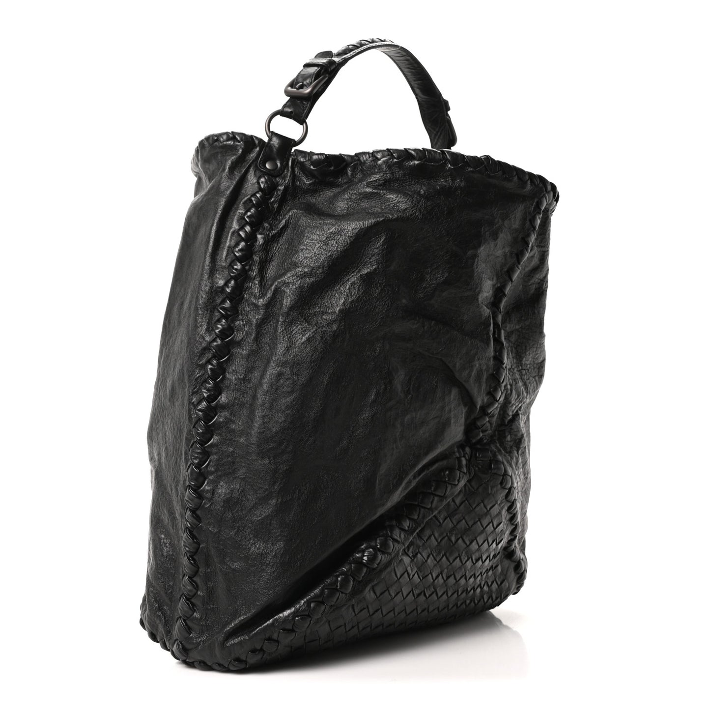Grained Lambskin Intrecciato Large Shoulder Bag Black