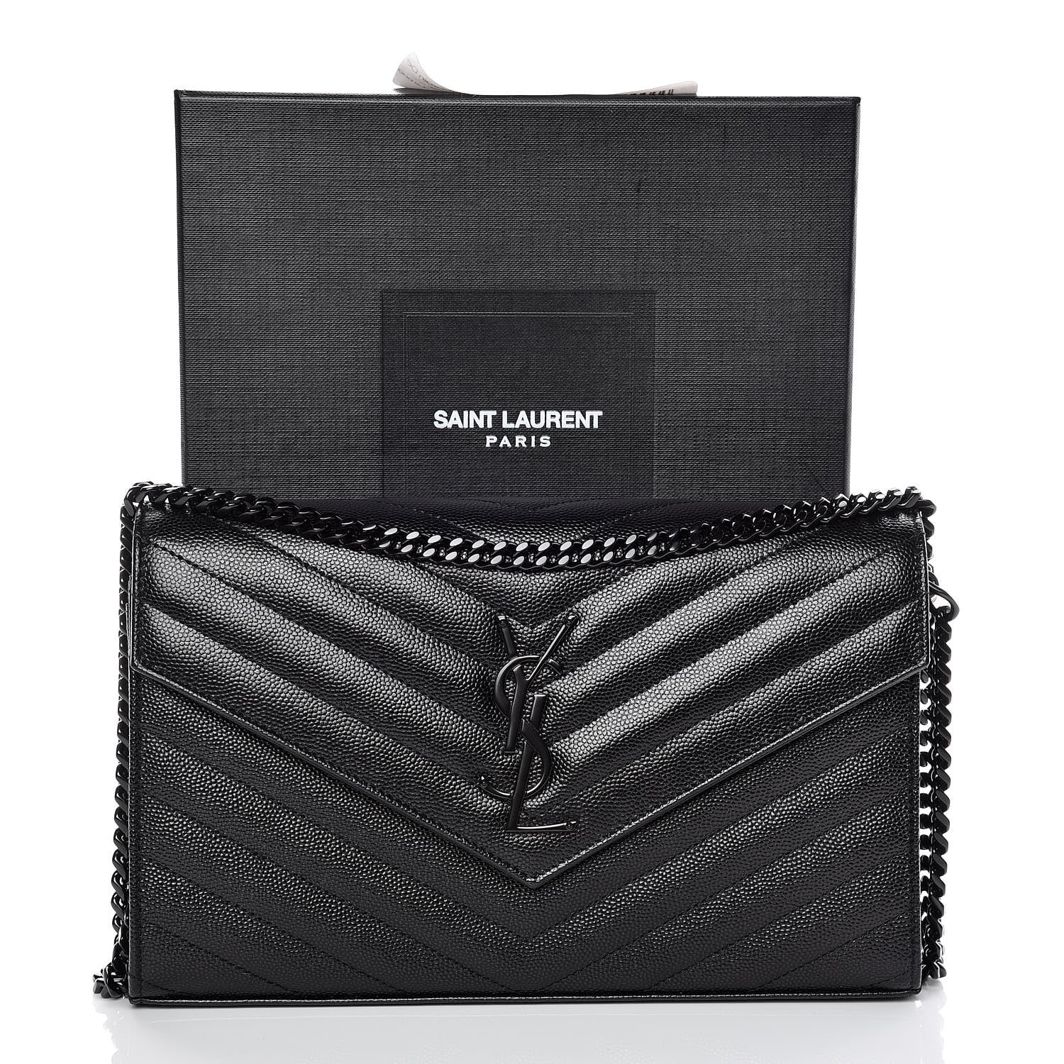 Saint Laurent Grain De Poudre Matelasse Chevron Monogram Chain Wallet Black 10 of 10