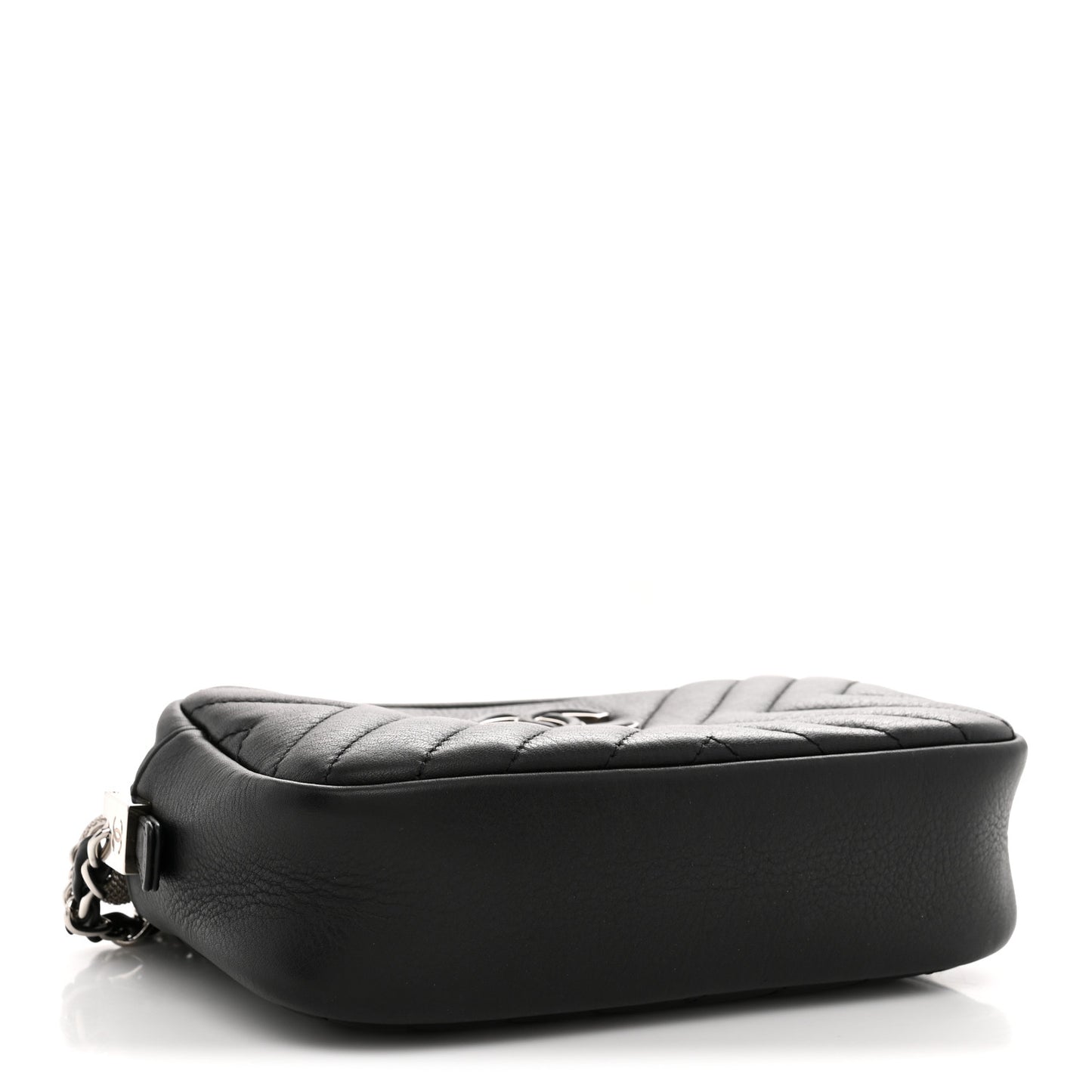Calfskin Diagonal Chevron Quilted Tassel Camera Case Black