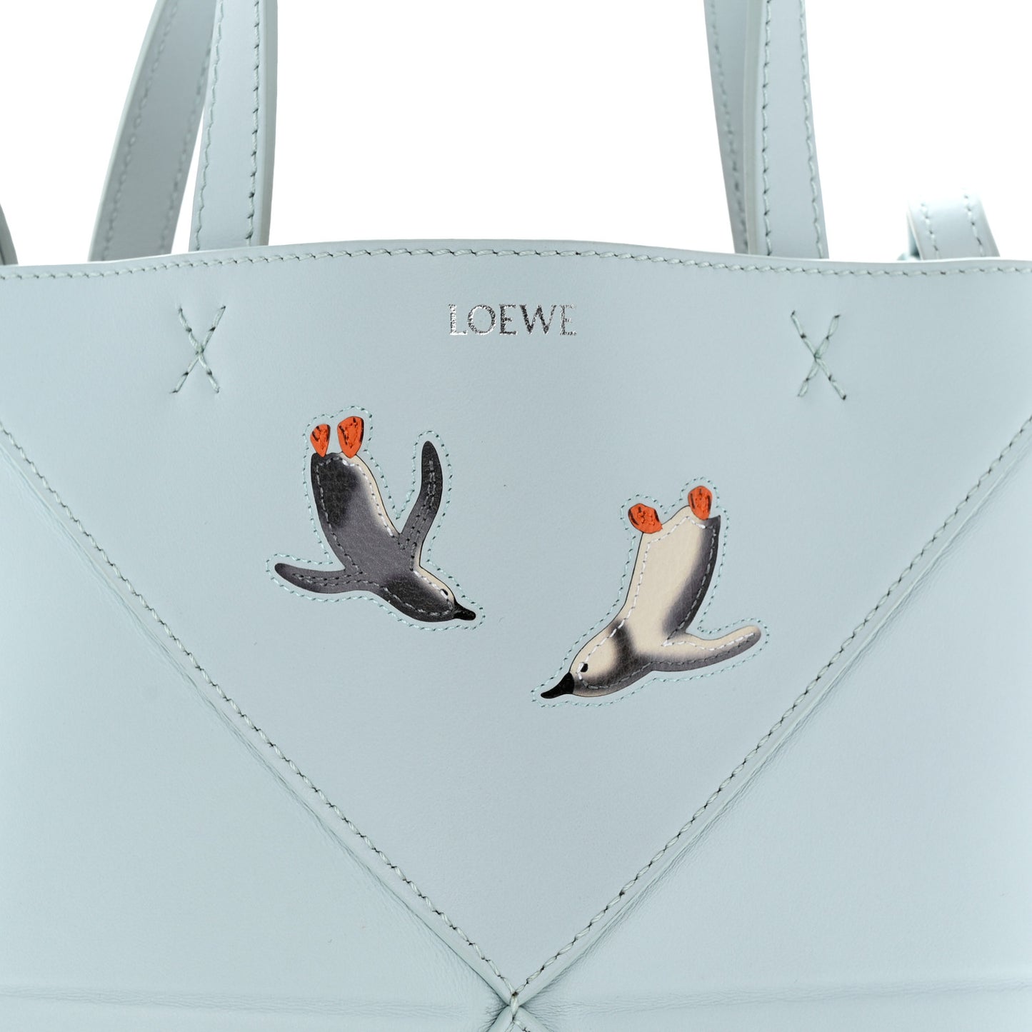X SUNA FUJITA Shiny Calfskin Penguin Mini Puzzle Fold Tote Blue Iceberg