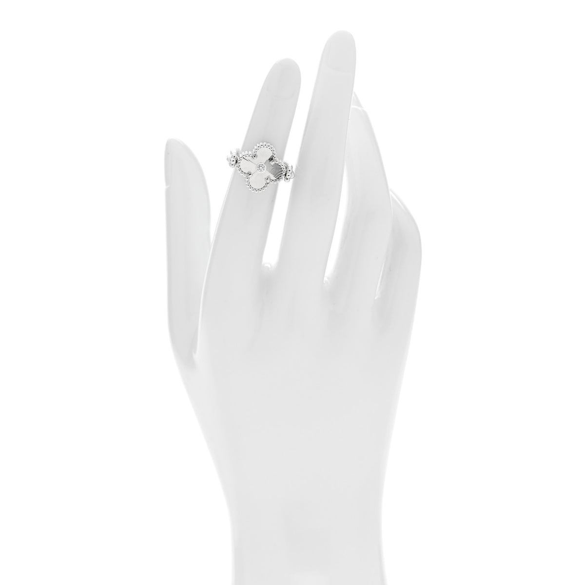 18K White Gold Diamond Chalcedony Reversible Guilloche Vintage Alhambra Ring 54 7