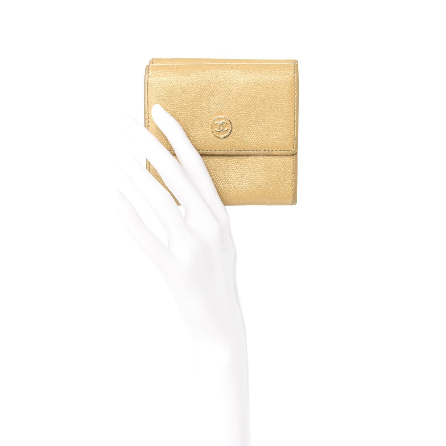 Grained Calfskin CC Button Compact Wallet Beige