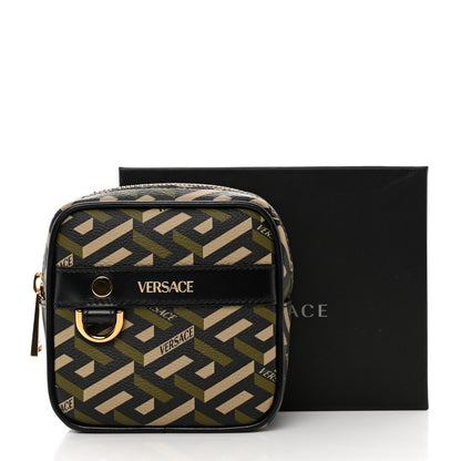 Versace Coated Canvas Calfskin La Greca Square Zip Pouch Black Khaki 6 of 6