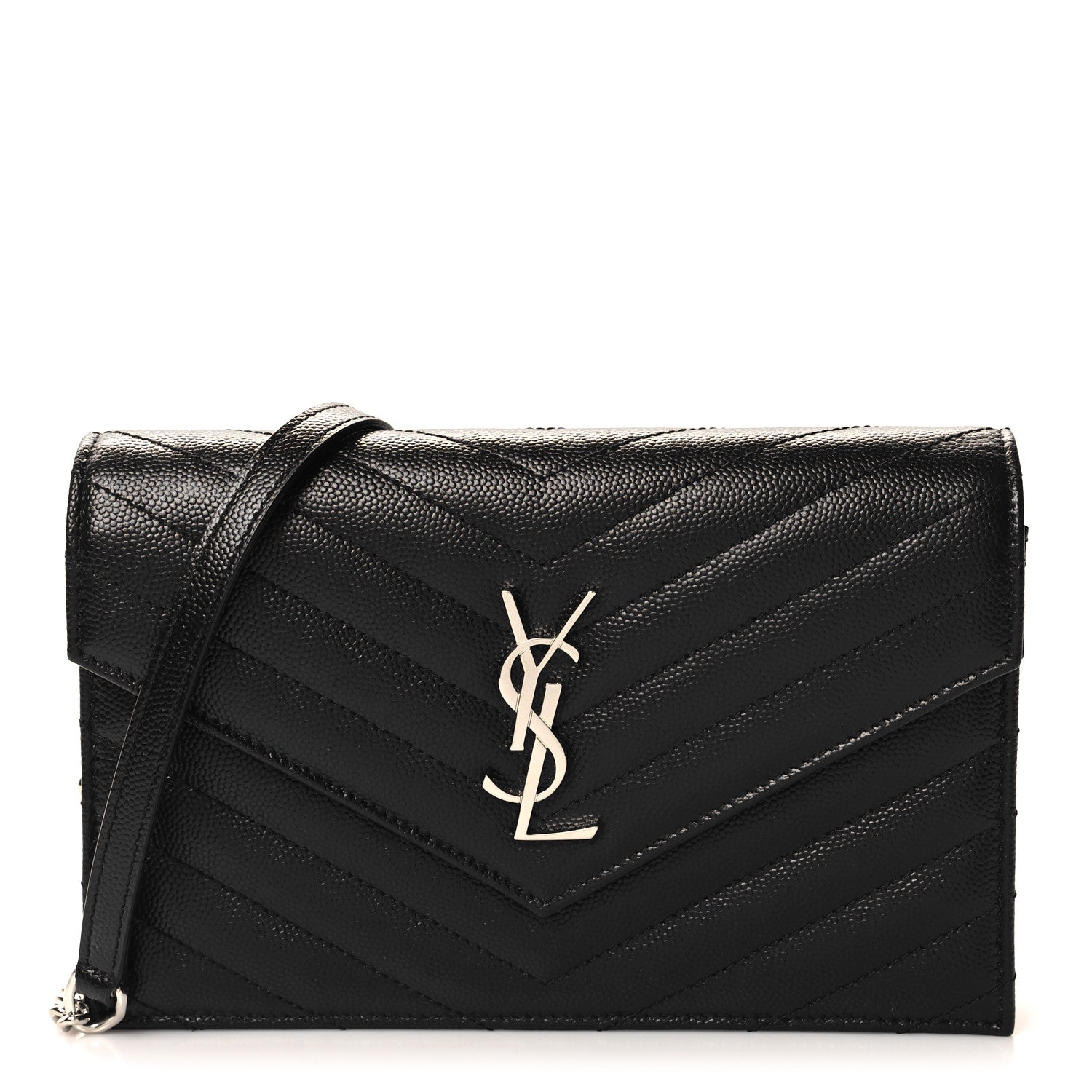 Saint Laurent Grain De Poudre Matelasse Chevron Monogram Envelope Chain Wallet Black 1 of 10