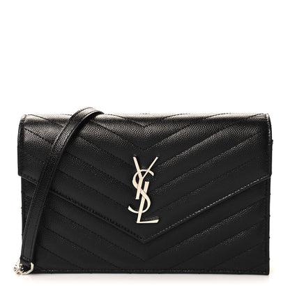 Saint Laurent Grain De Poudre Matelasse Chevron Monogram Envelope Chain Wallet Black 1 of 10