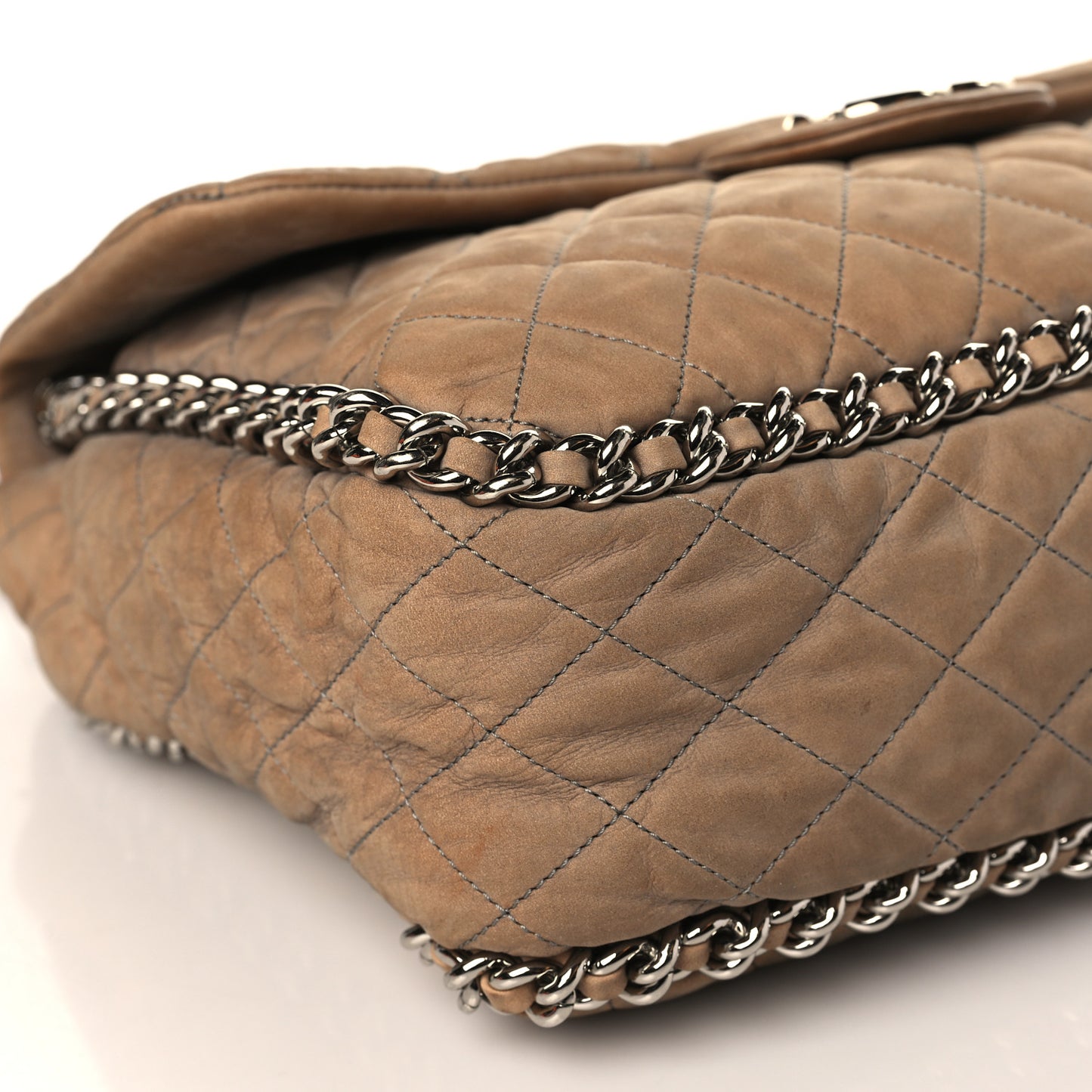 Nubuck Quilted Chain Around Maxi Flap Grey