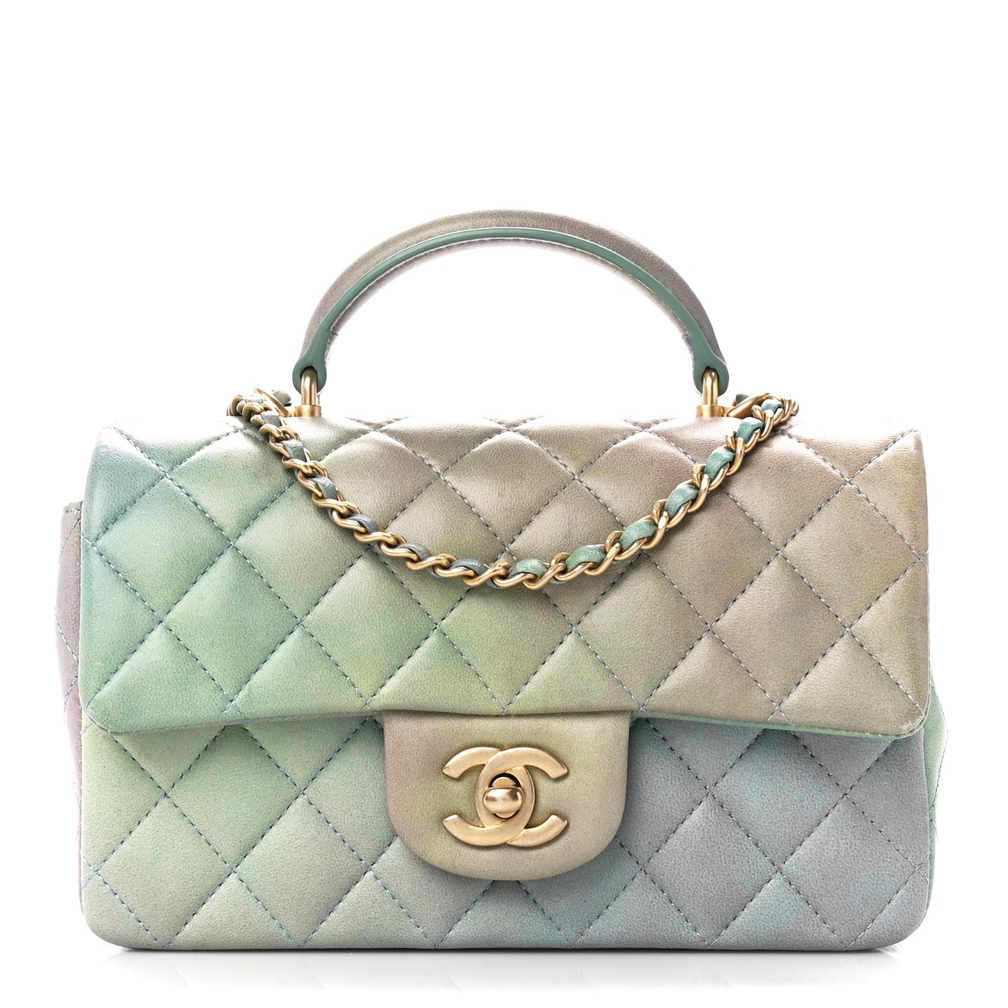 Lambskin Quilted Ombre Mini Top Handle Rectangular Flap Blue Green