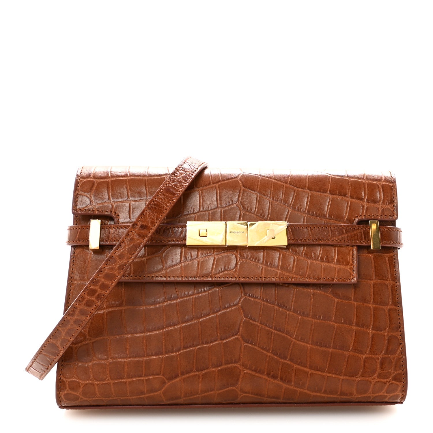 Saint Laurent Shiny Calfskin Crocodile Embossed Small Manhattan Baguette Dark Caramel 1 of 10