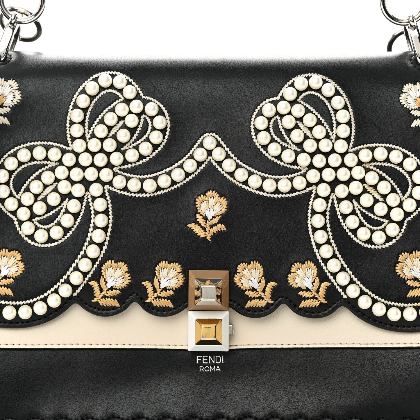 Vitello Liberty Pearl Bi-Color Flowers and Bows Scalloped Studded Kan I Shoulder Bag Black Camelia