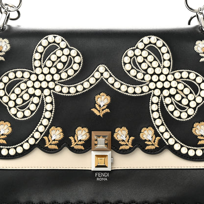 Fendi Vitello Liberty Pearl Bi-Color Flowers and Bows Scalloped Studded Kan I Shoulder Bag Black Camelia 8 of 13