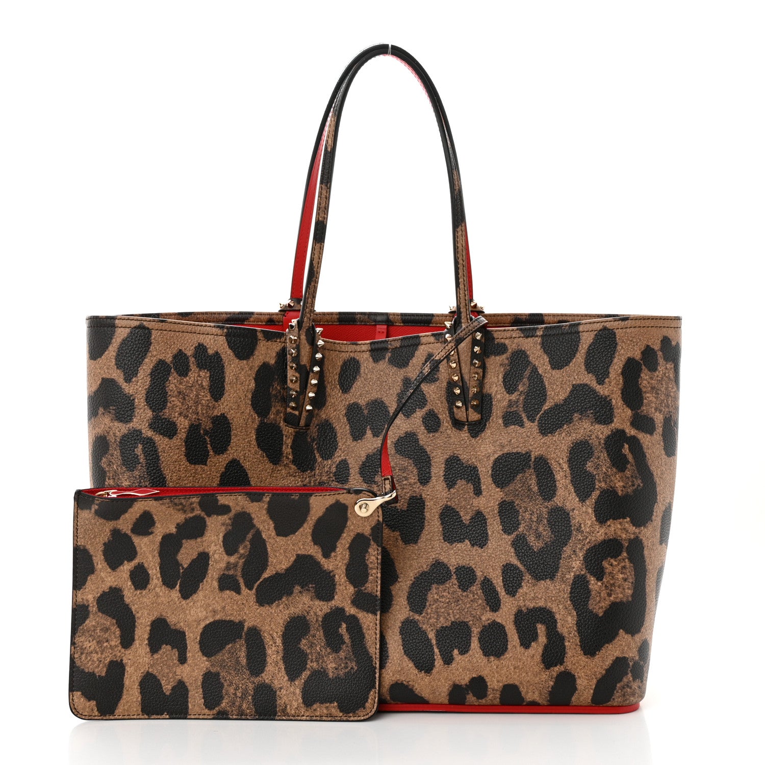 Christian Louboutin Calfskin Leopard Print Spikes East West Cabata Tote Brown 2 of 12