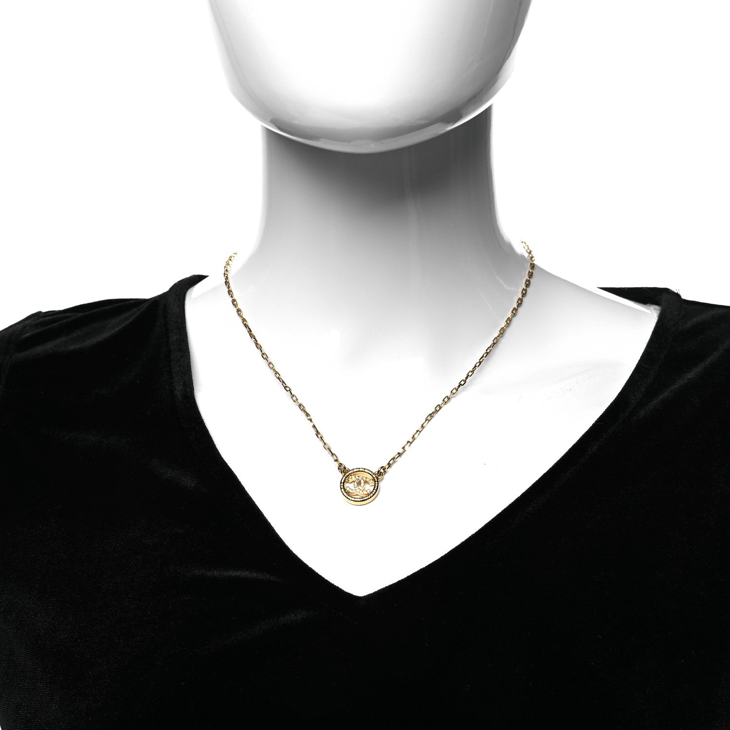 Chanel Crystal Metal CC Round Pendant Necklace Gold 2 of 5