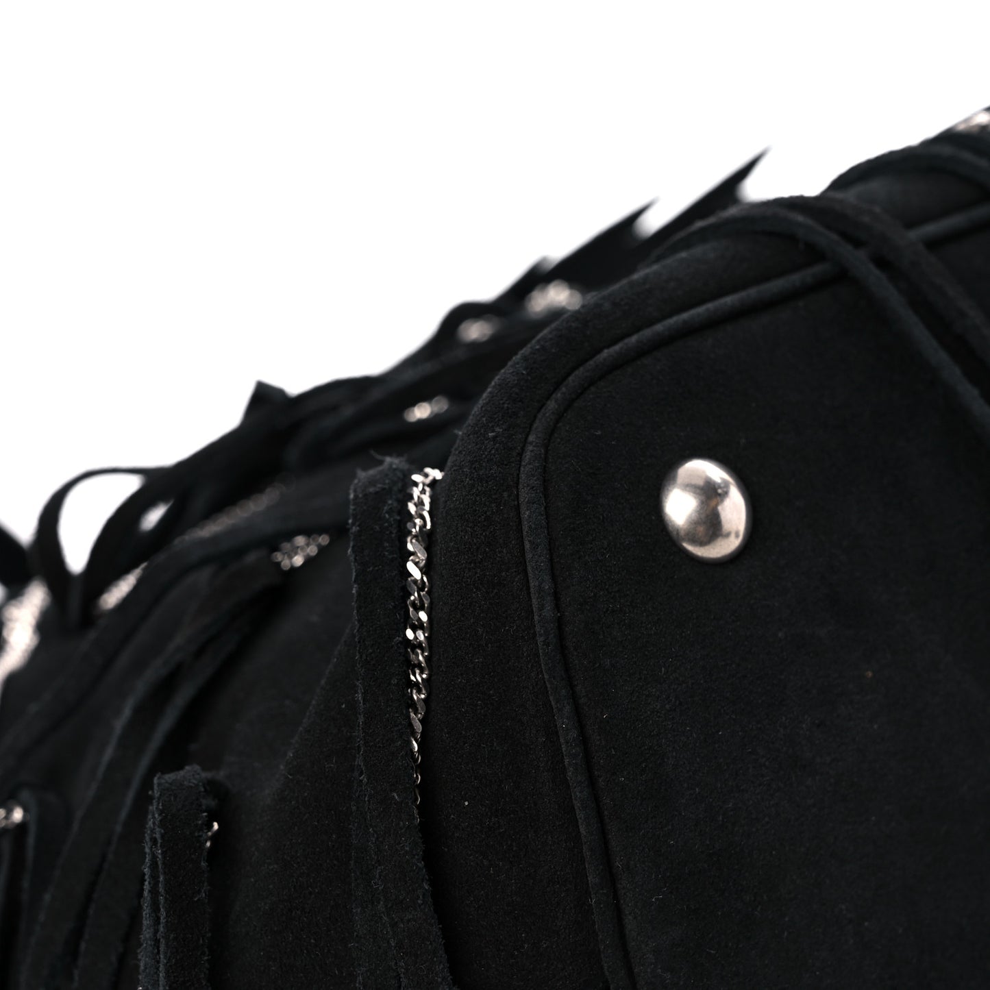 Suede Calfskin Medium Emmanuelle Chain Fringe Bucket Bag Black