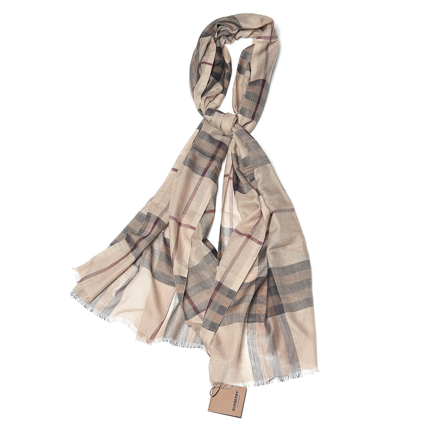 Wool Silk Gauze Giant Check Scarf Camel