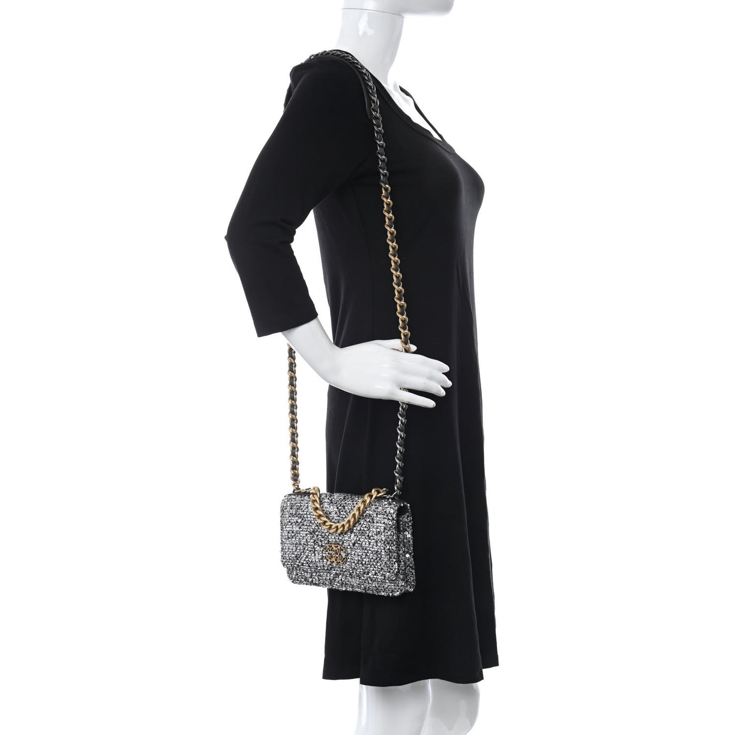 Sequin Quilted Chanel 19 Wallet On Chain WOC Silver