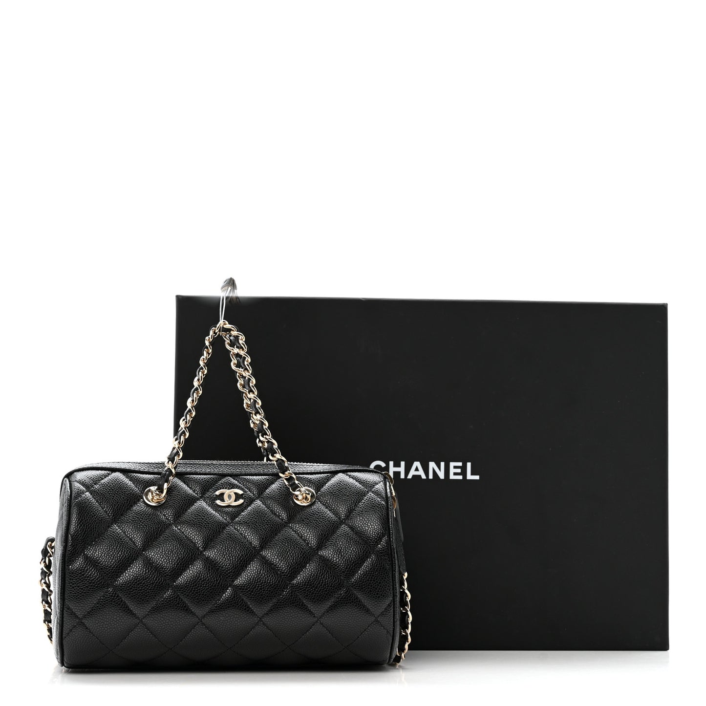Caviar Quilted Barrel Clutch With Chain  Black