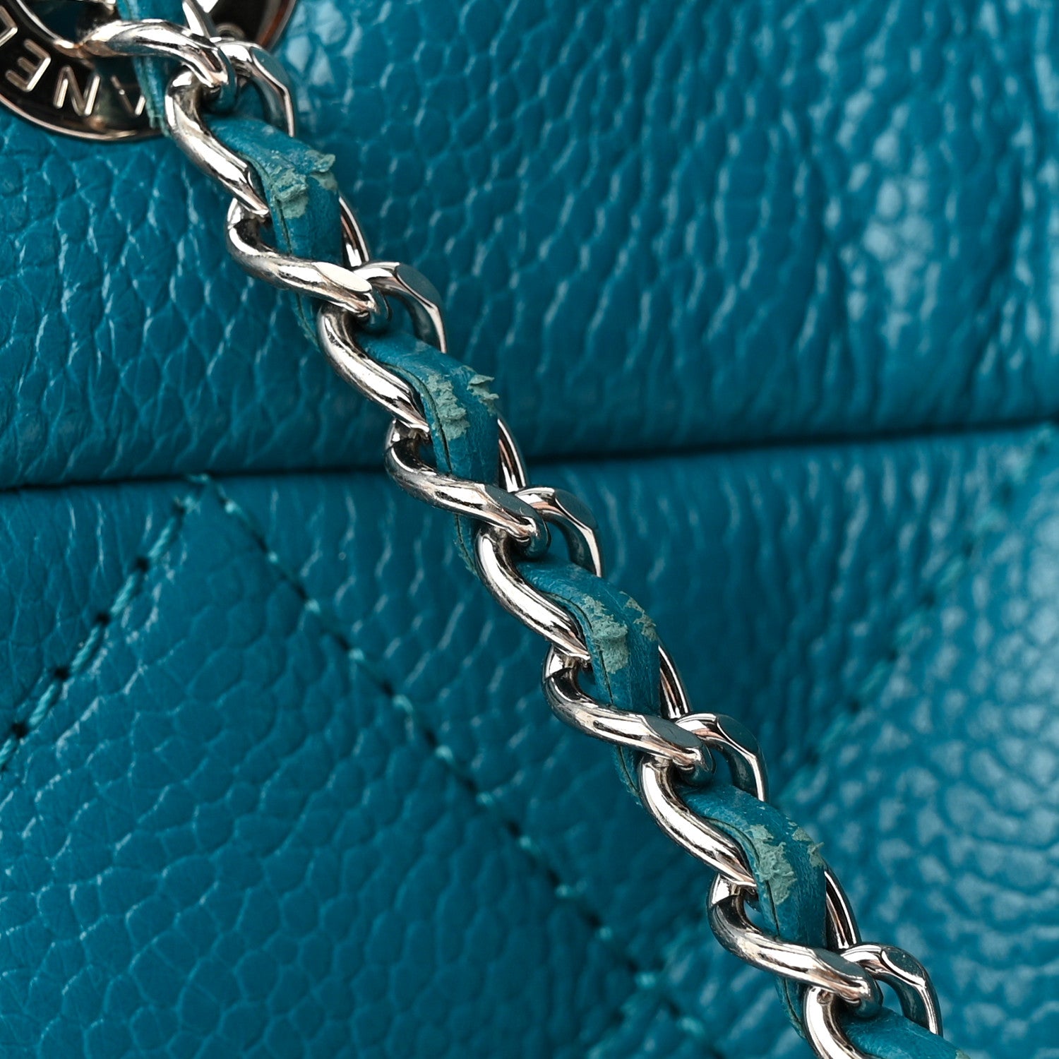 Chanel Caviar Flat Quilted CC Chain Bucket Drawstring Bag Blue 11 of 11