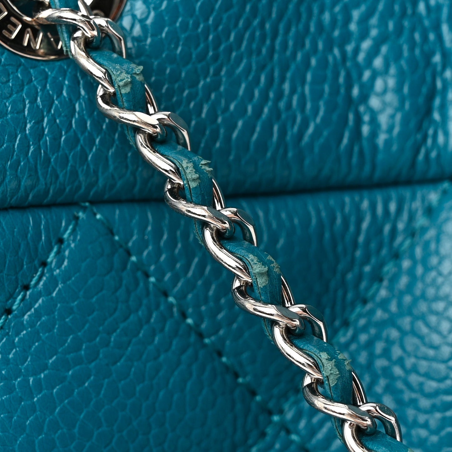 Caviar Flat Quilted CC Chain Bucket Drawstring Bag Blue