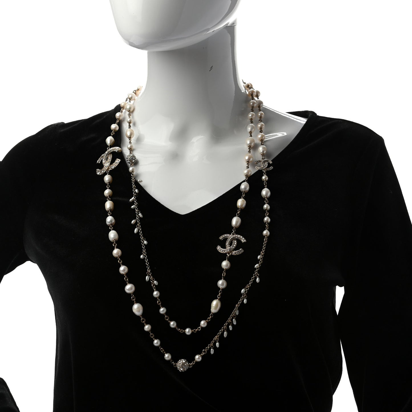 Pearl Crystal CC Long Necklace Gold