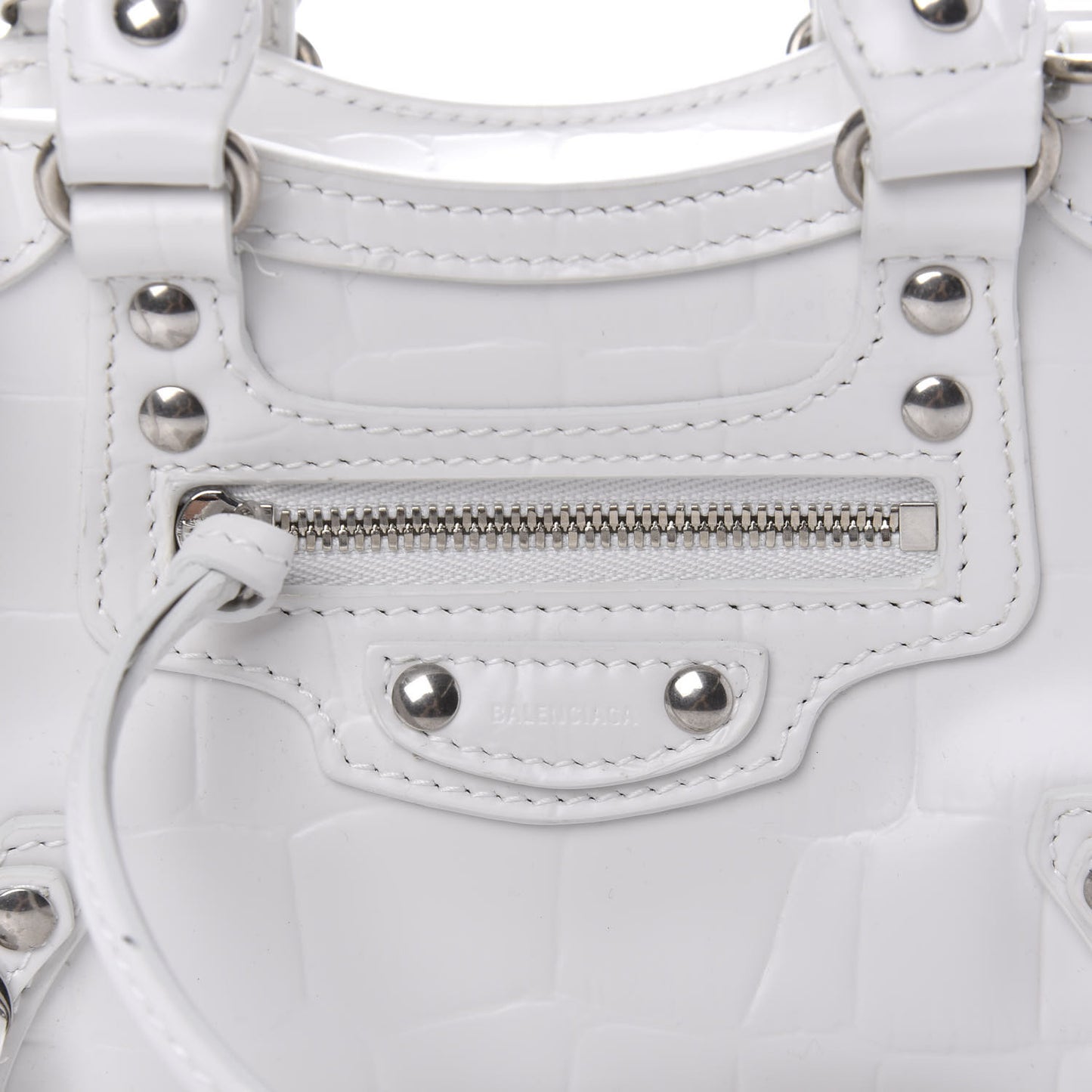 Semi Shiny Calfskin Crocodile Embossed Neo Classic Silver Hardware Mini City White