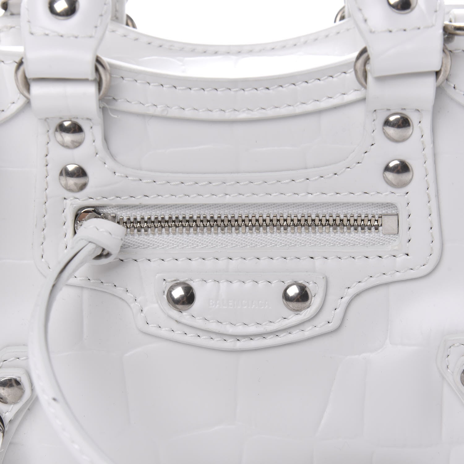 Balenciaga Semi Shiny Calfskin Crocodile Embossed Neo Classic Silver Hardware Mini City White 9 of 9
