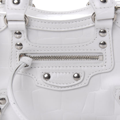 Balenciaga Semi Shiny Calfskin Crocodile Embossed Neo Classic Silver Hardware Mini City White 9 of 9