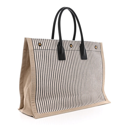 Saint Laurent Embroidered Cotton Linen Rive Gauche Noe Tote Natural Black 3 of 10