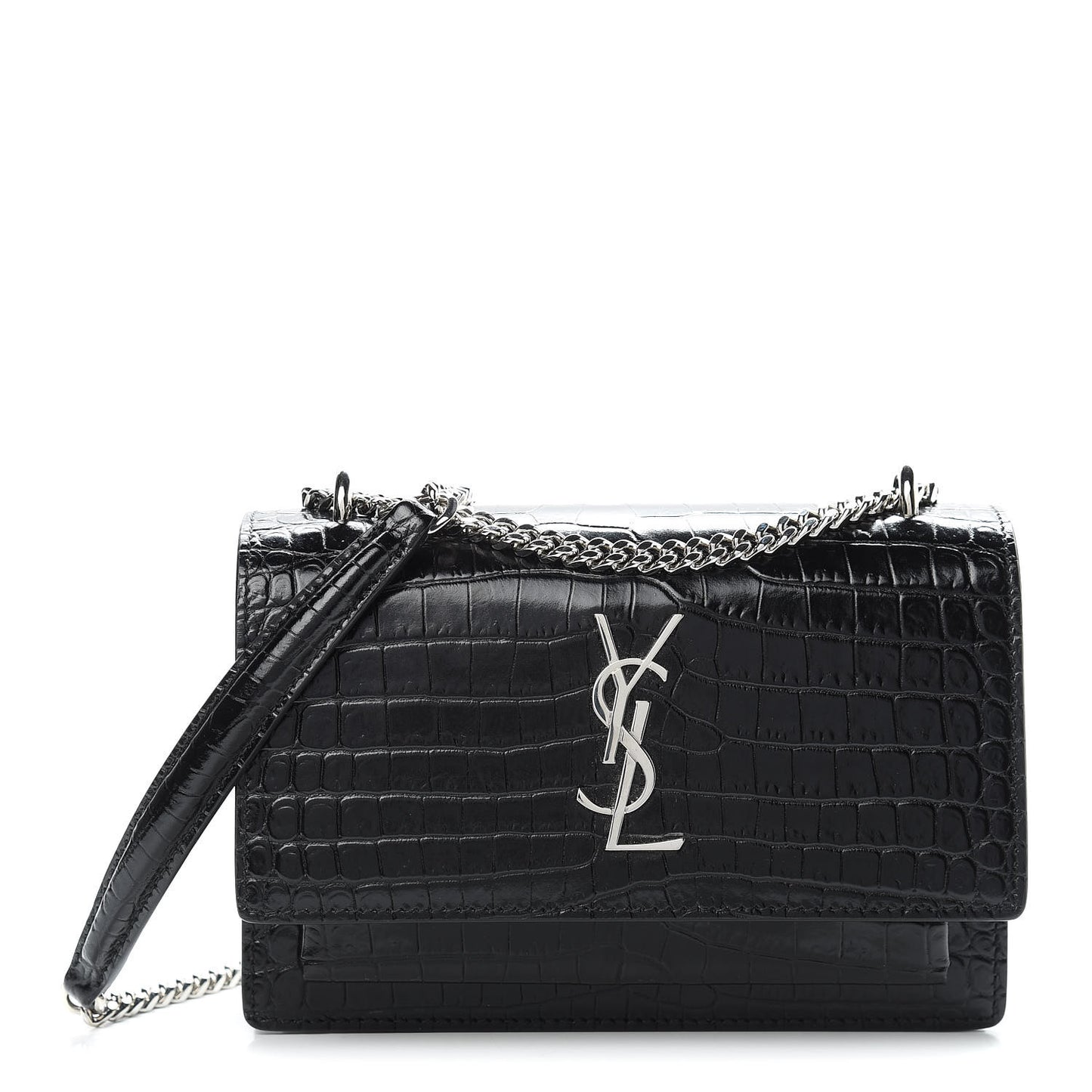 Calfskin Crocodile Embossed Monogram Sunset Chain Wallet Black