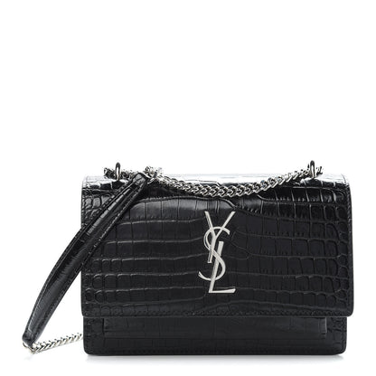 Saint Laurent Calfskin Crocodile Embossed Monogram Sunset Chain Wallet Black 1 of 10