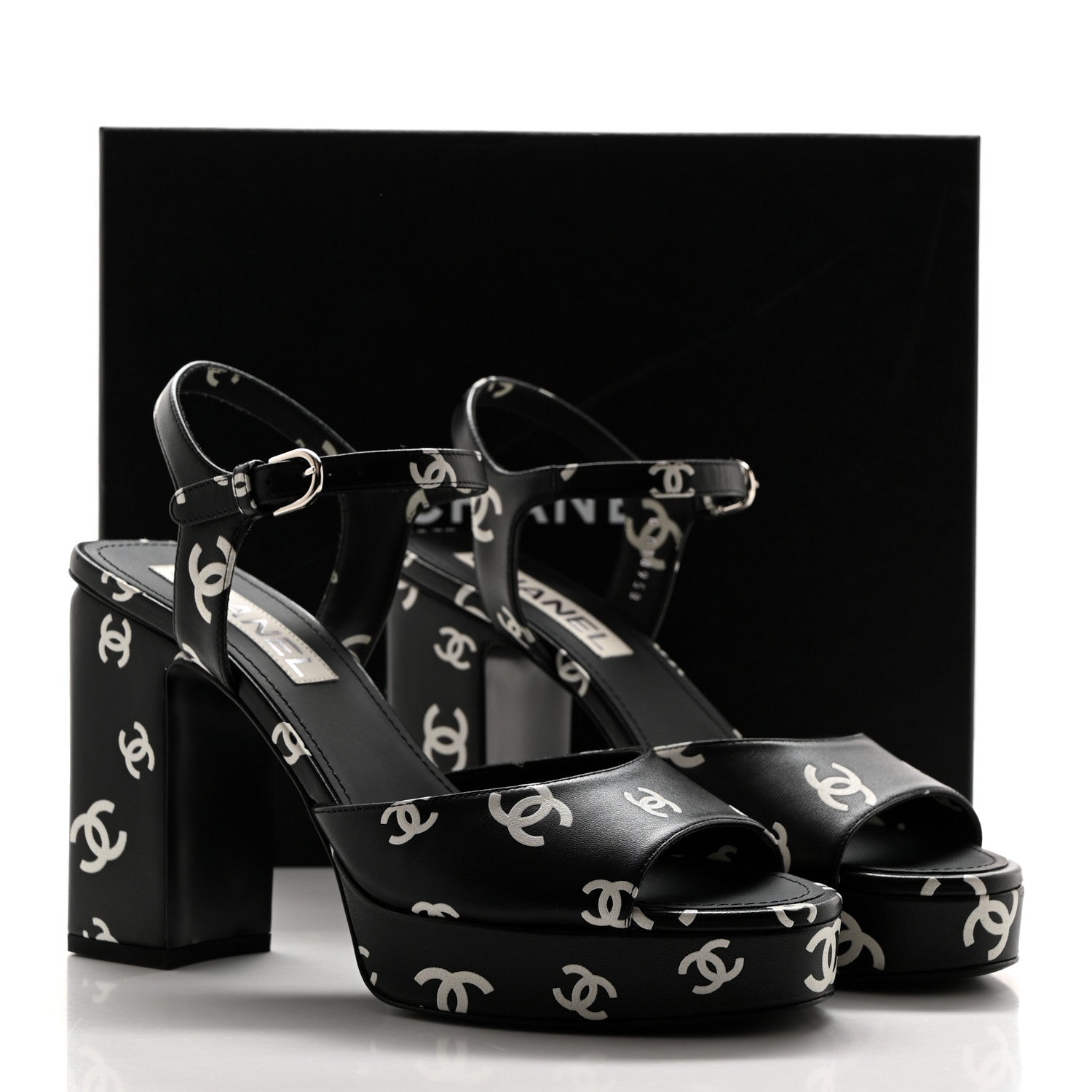 Chanel Printed Lambskin CC Platform Sandals 40 Black White 9 of 9