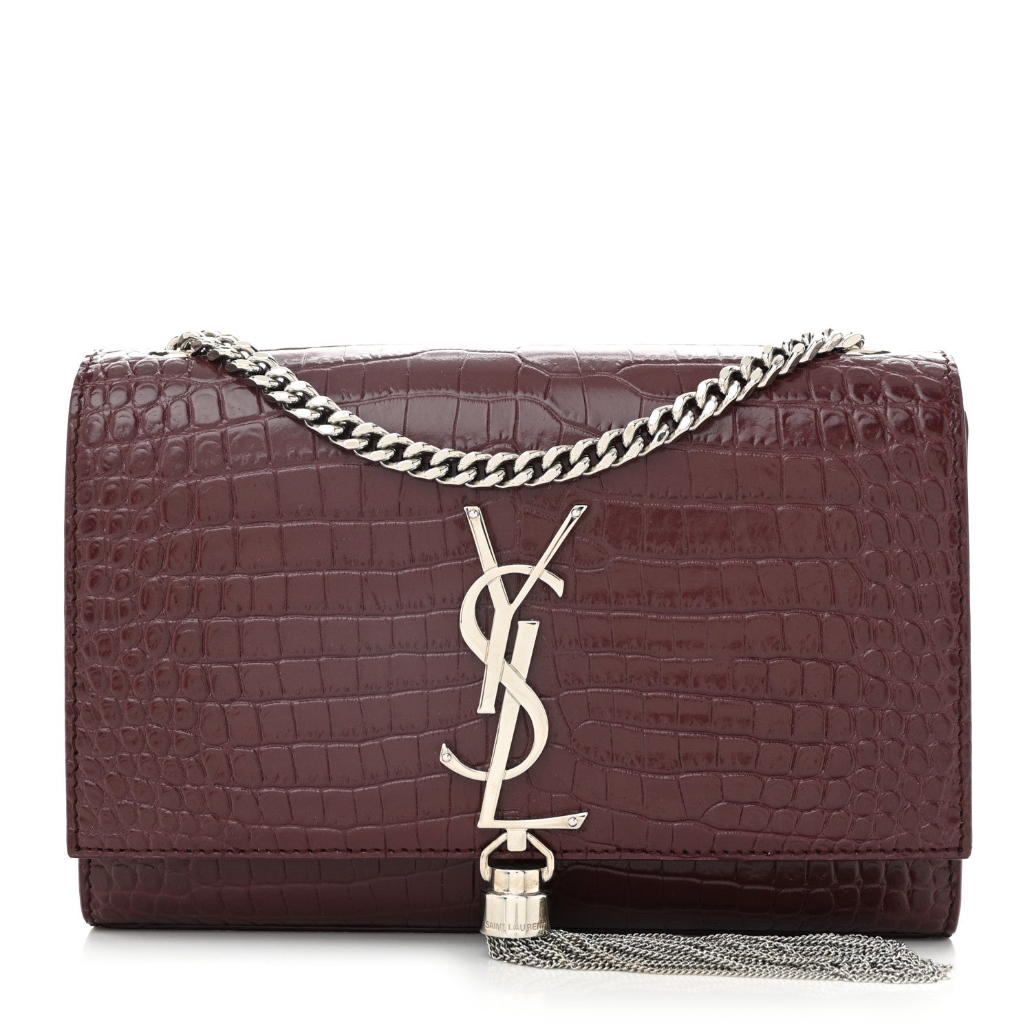 Saint Laurent Calfskin Crocodile Embossed Small Classic Monogram Kate Tassel Satchel Rouge Legion 1 of 10