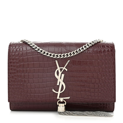 Saint Laurent Calfskin Crocodile Embossed Small Classic Monogram Kate Tassel Satchel Rouge Legion 1 of 10