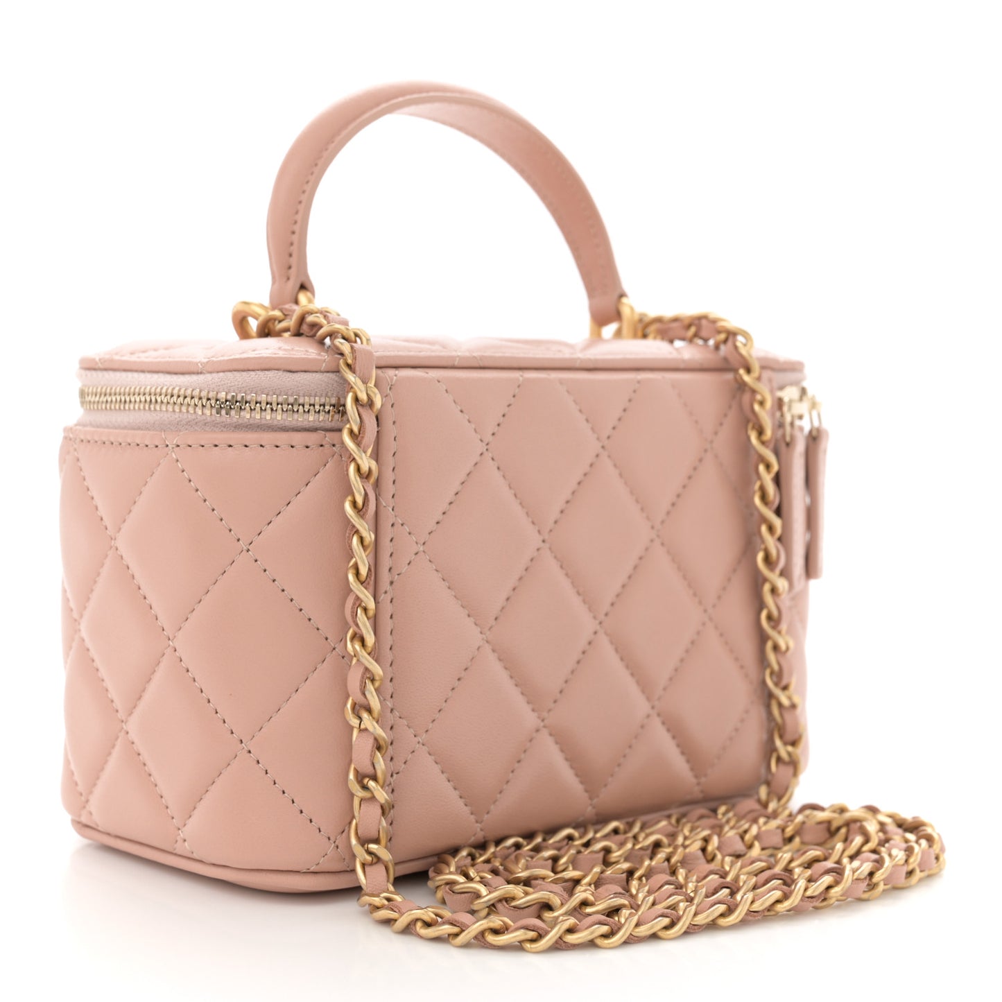 Lambskin Quilted Small Top Handle Vanity Case With Chain Beige