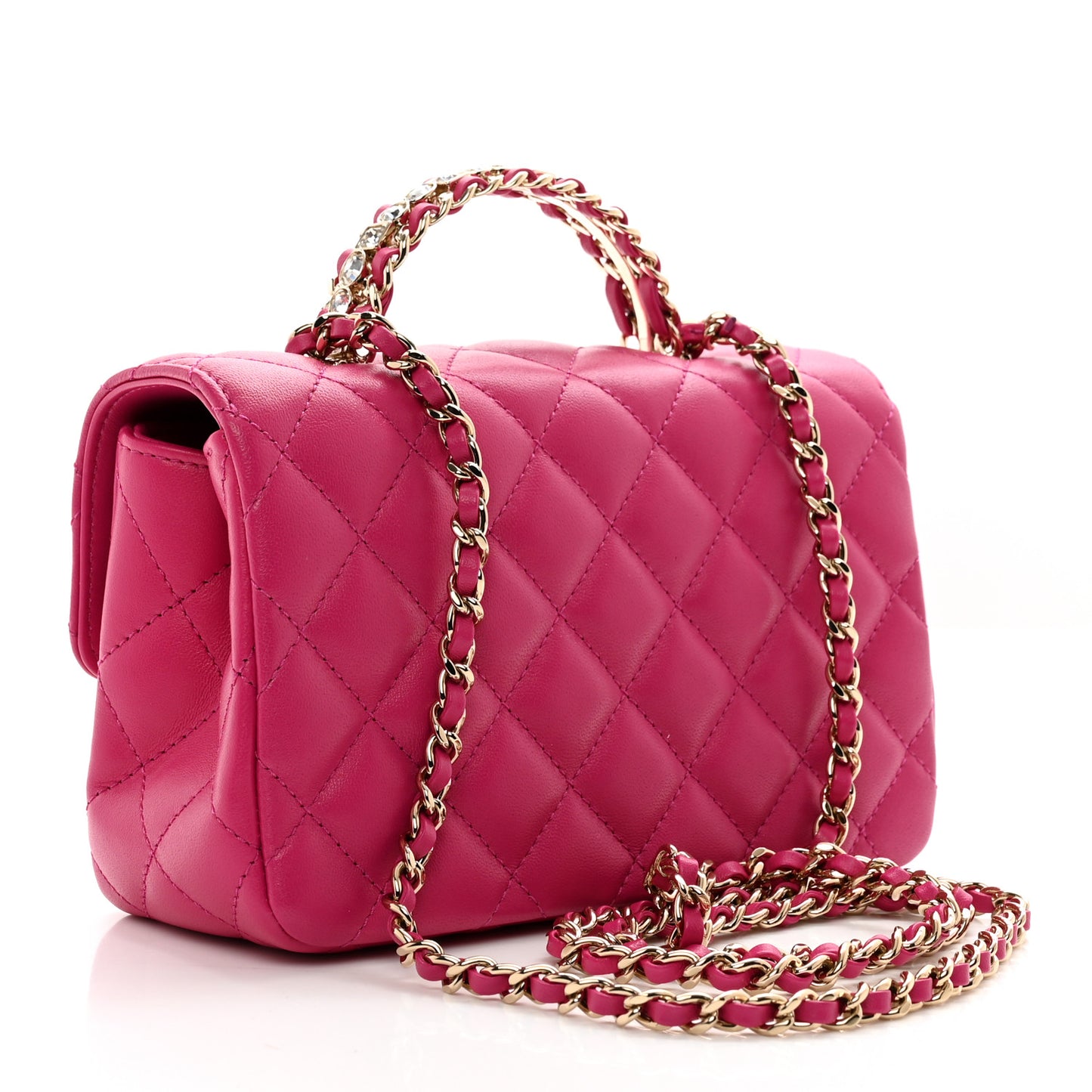 Lambskin Quilted Mini Crystal Top Handle Rectangular Flap Dark Pink
