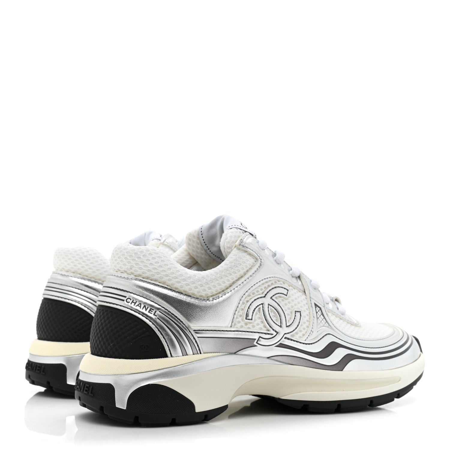 Chanel Fabric Laminated Calfskin Stretch CC Womens Sneakers 38 White Silver 5 of 10